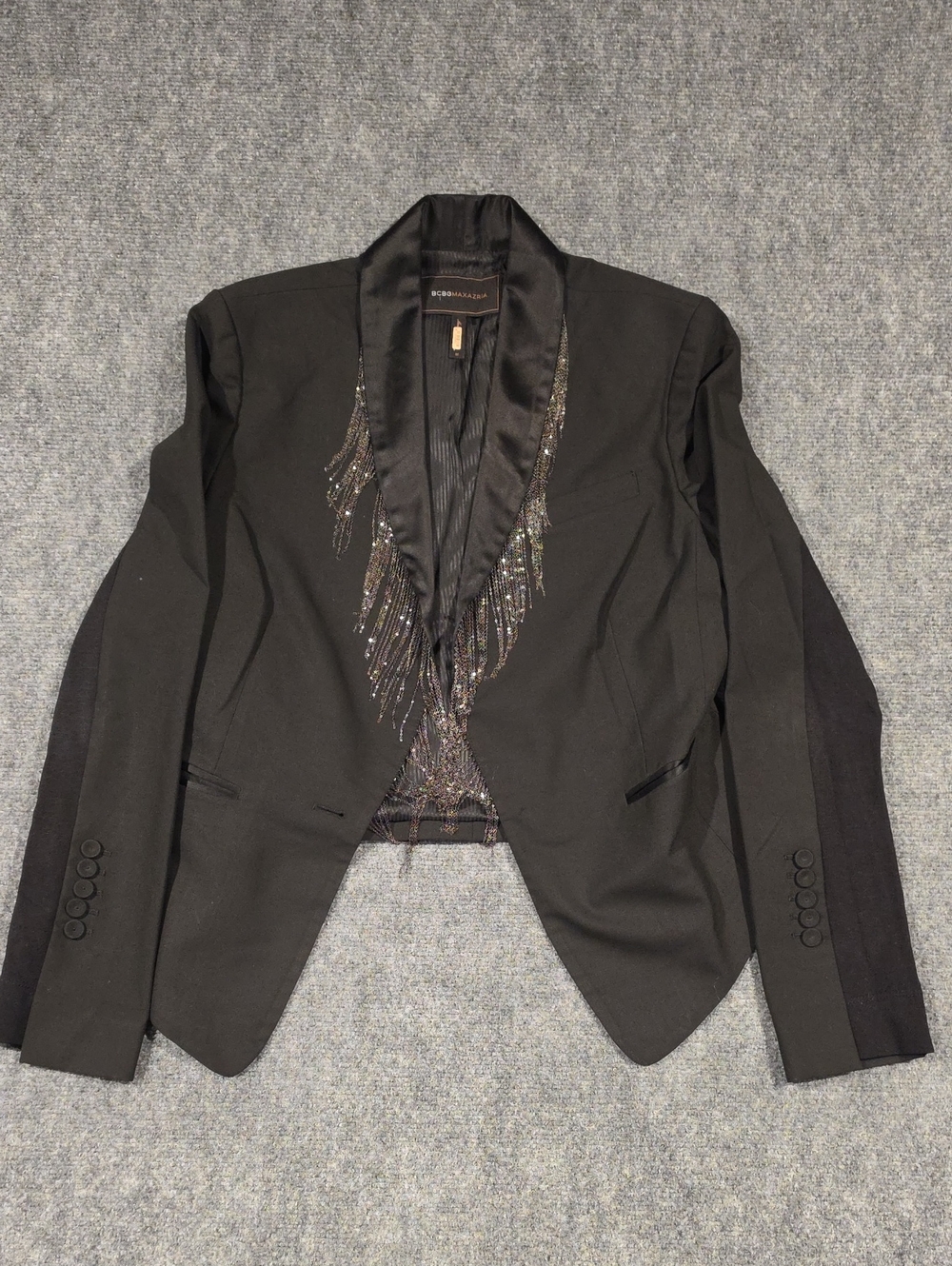 BCBGMaxAzria Black Satin-Lapel Blazer with Beaded Fringe